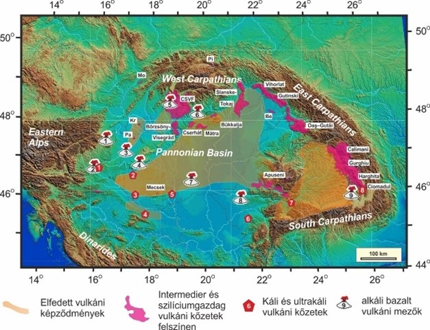 The spatial distribution of various volcanic formations in the Carpathian Basin